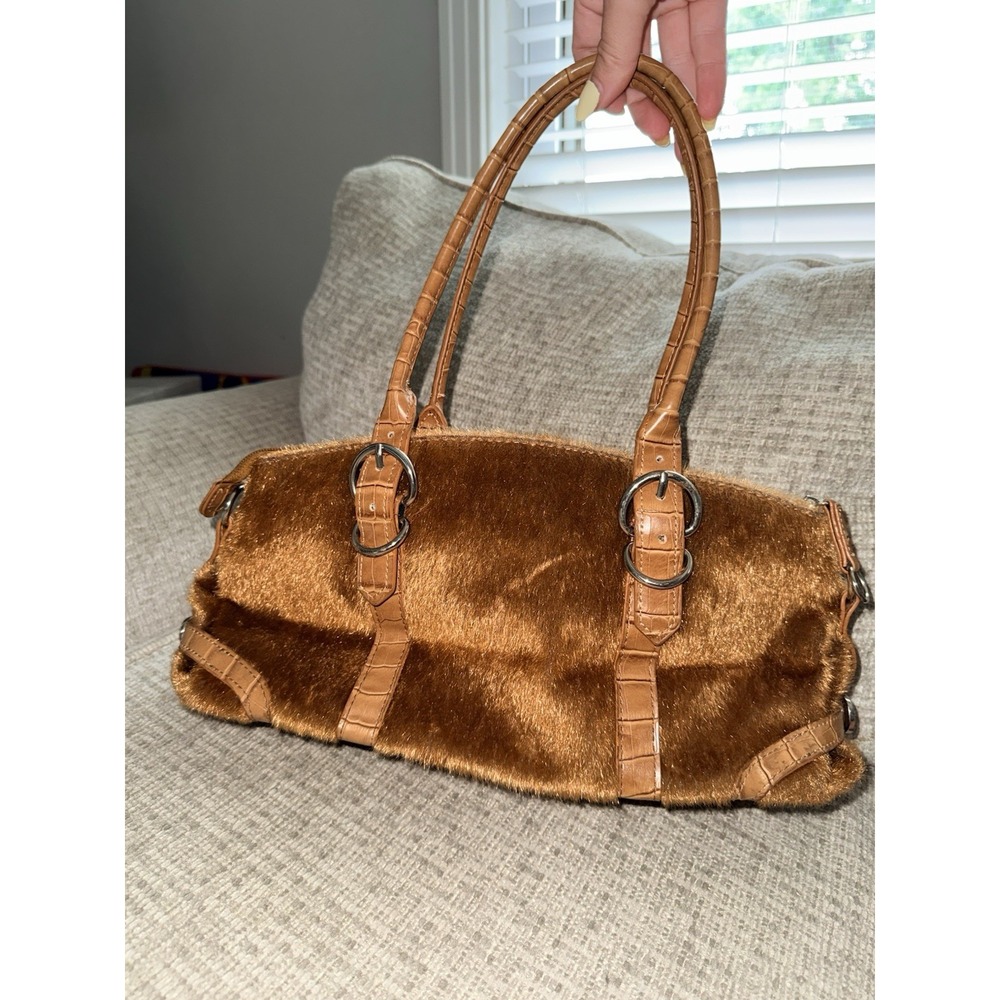 Vintage Faux Fur Shoulder Bag Faux Croc Embossed Trim Y2K Glam Purse Buckle